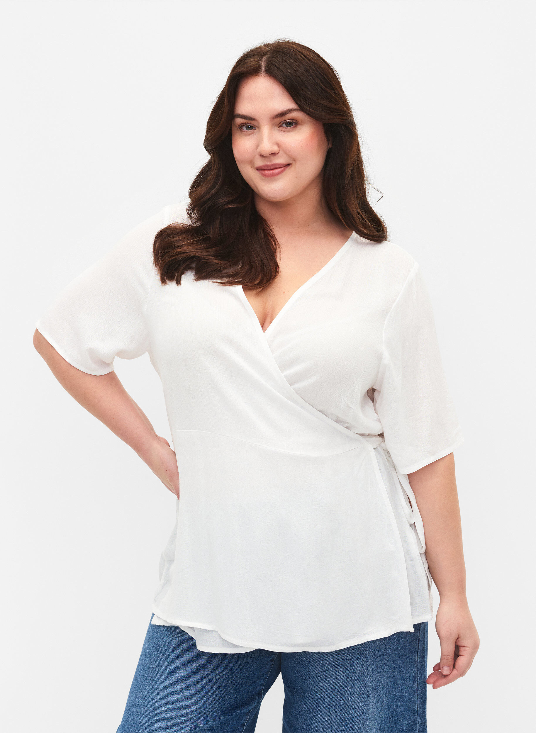 Zizzi Viskosebluse med wrap, Bright White, Model image number 0