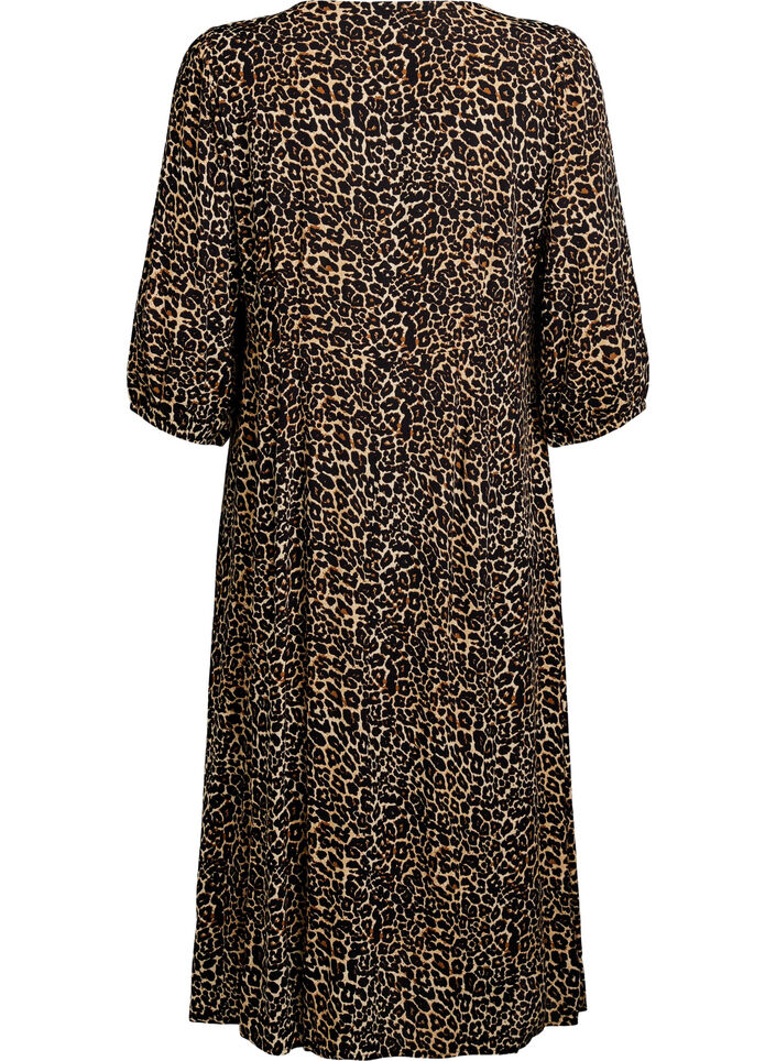 Midikjole med leopardprint og 3/4 &aelig;rmer, Brun, Packshot image number 1