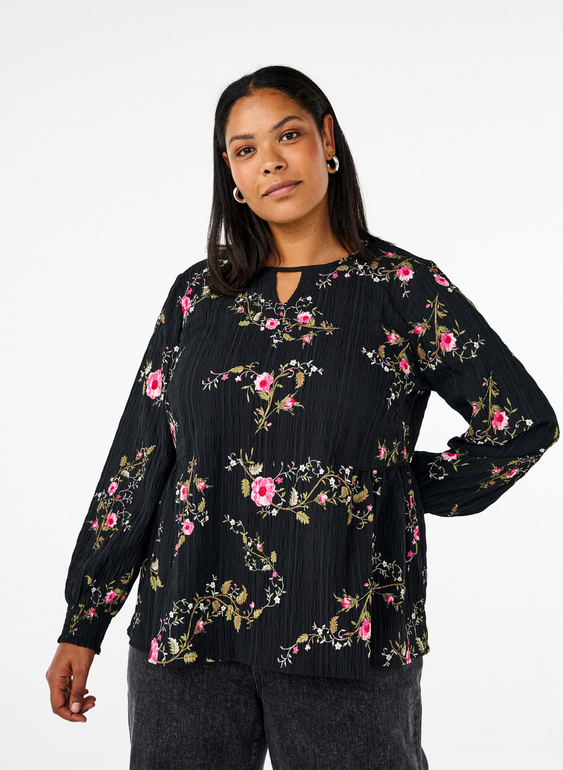 ZizziLang&aelig;rmet bluse med blomsterprint, Sort, Model image number 0