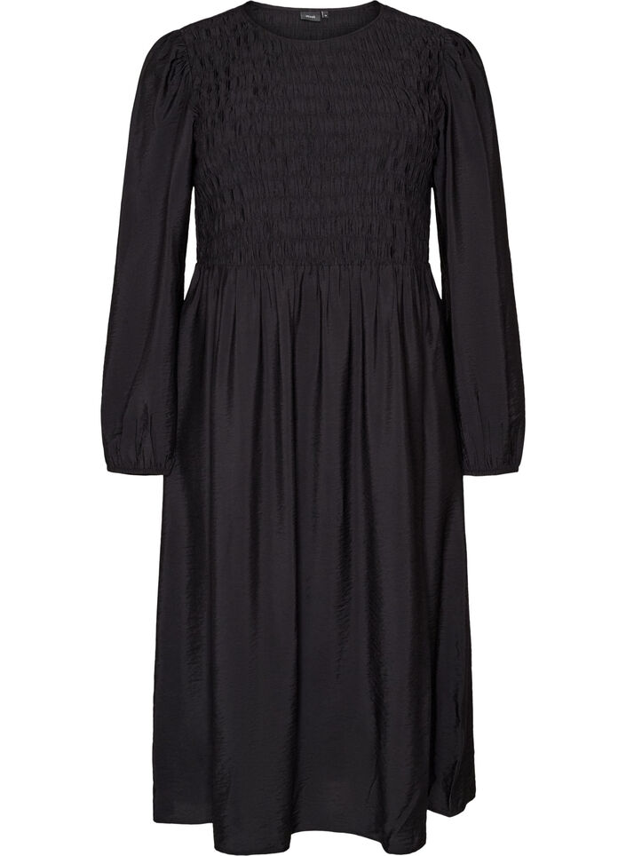 Midikjole i viskose med smock, Sort, Packshot image number 0