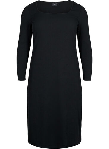 Tætsiddende kjole med lange ærmer og slids, Black, Packshot image number 0