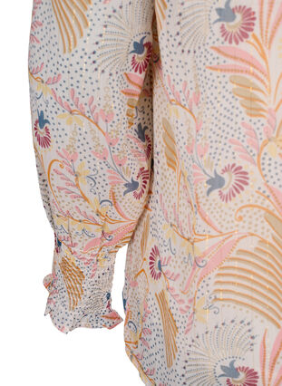 Blomstret bluse med lange ærmer og v-hals, Yellow/Pink AOP, Packshot image number 3