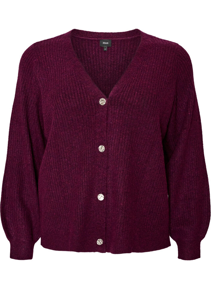 Cardigan med V-hals og ribstruktur, Lilla, Packshot image number 0