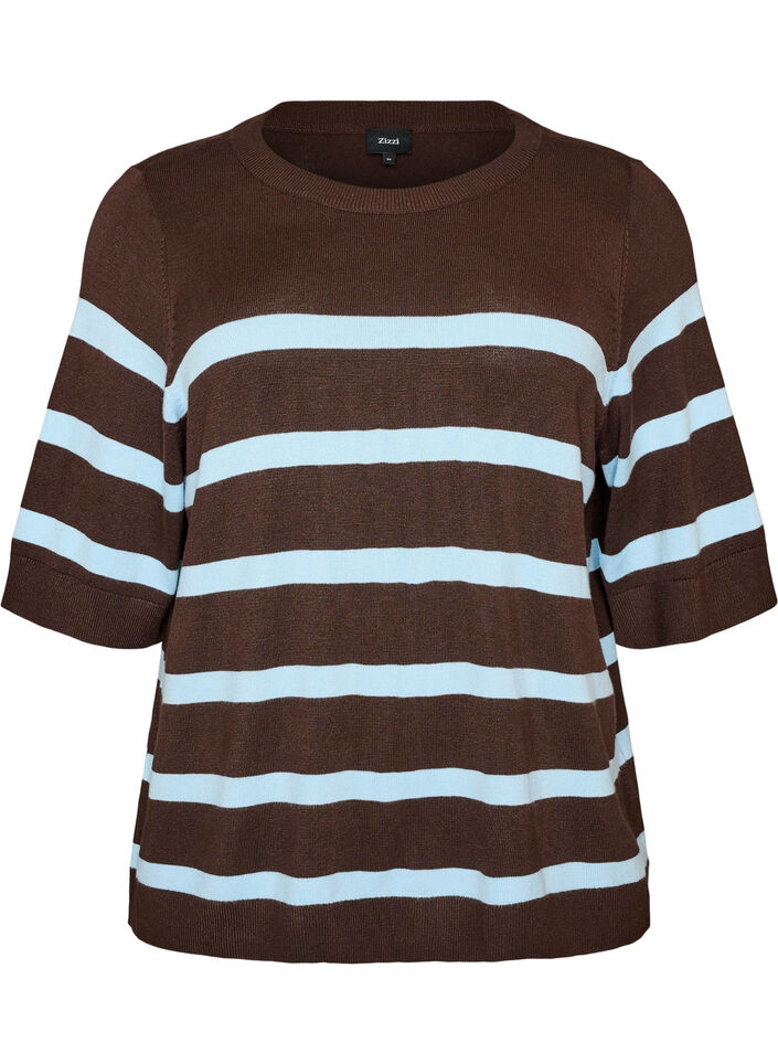 Stribet strikbluse med korte &aelig;rmer, Brun, Packshot image number 0