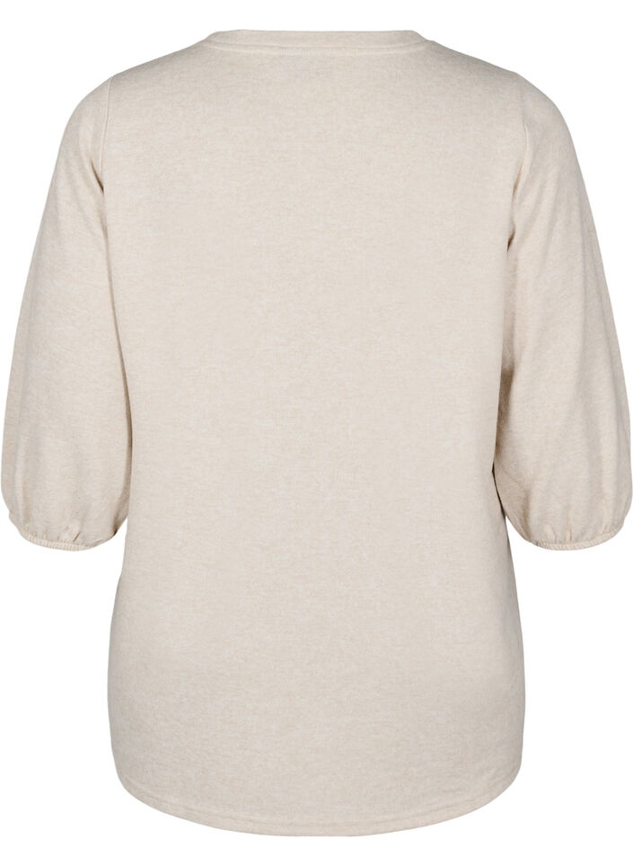 Bluse med blomsterbroderi og 3/4-ærmer, Oatmeal Melange, Packshot image number 1