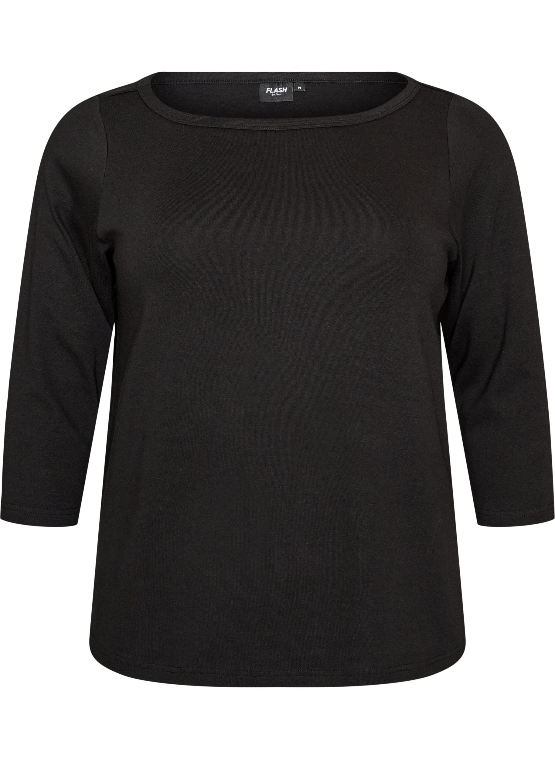 ZizziBasis T-shirt med b&aring;dudsk&aelig;ring og 3/4-&aelig;rmer, Sort, Packshot image number 0