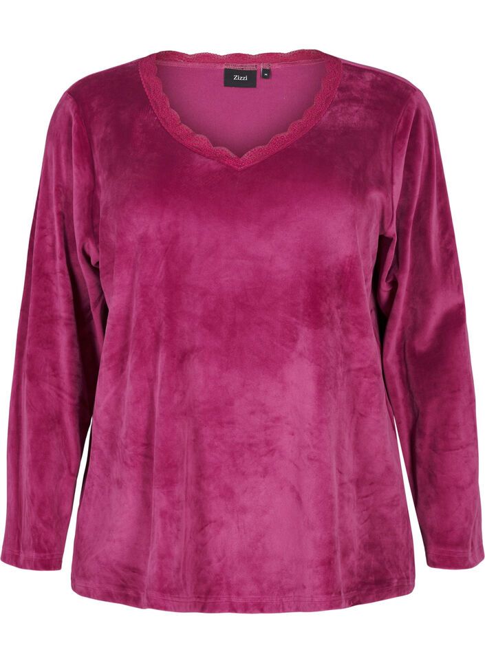 Velour bluse med v-udskæring, Boysenberry, Packshot image number 0