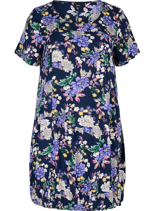 Kortærmet viskose kjole med print, Blue Flower AOP, Packshot image number 0