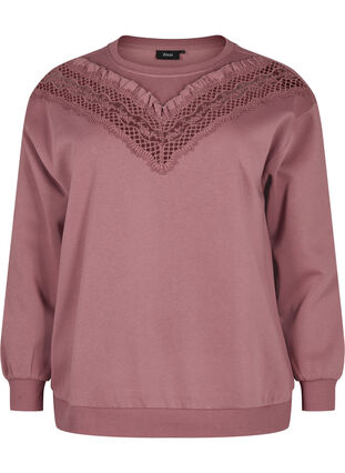 Sweatshirt med flæse og crochet detalje, Rose Brown, Packshot image number 0