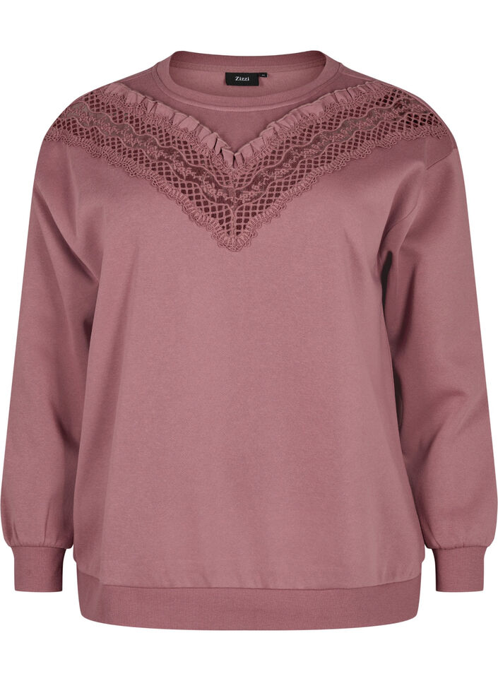 Sweatshirt med flæse og crochet detalje, Rose Brown, Packshot image number 0