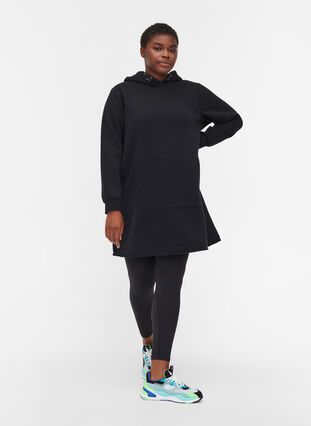 Lang sweatshirt med hætte og lomme, Black, Model image number 1