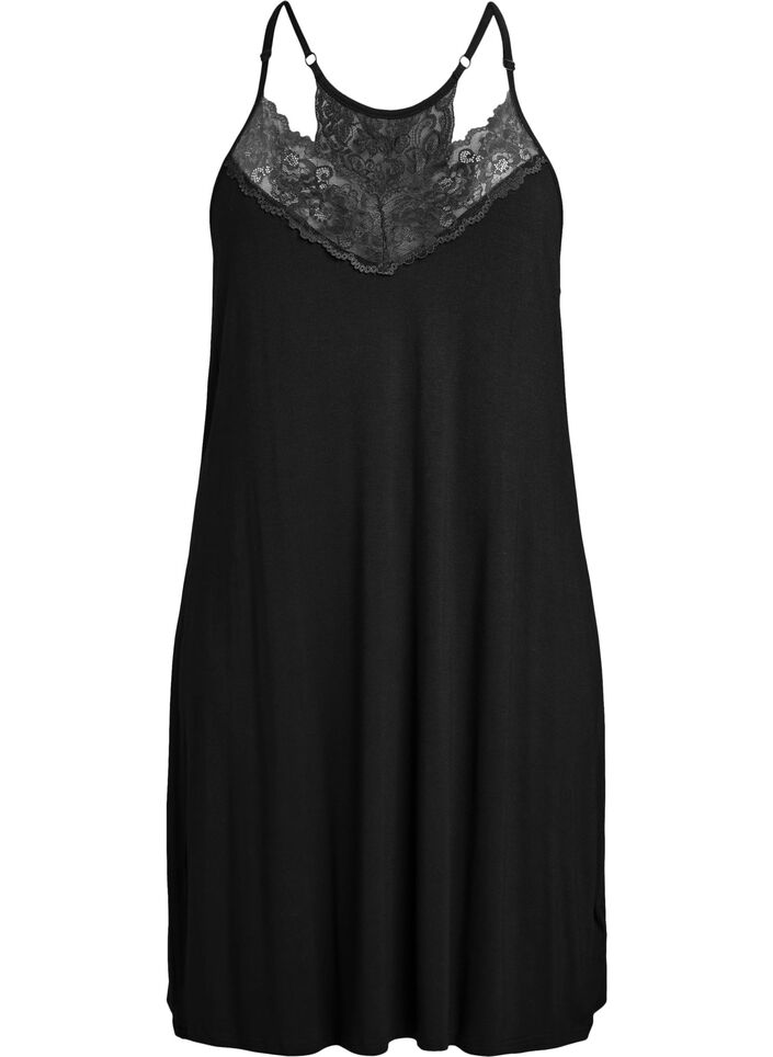 Ærmeløs viskose natkjole med blondedetaljer, Sort, Packshot image number 0