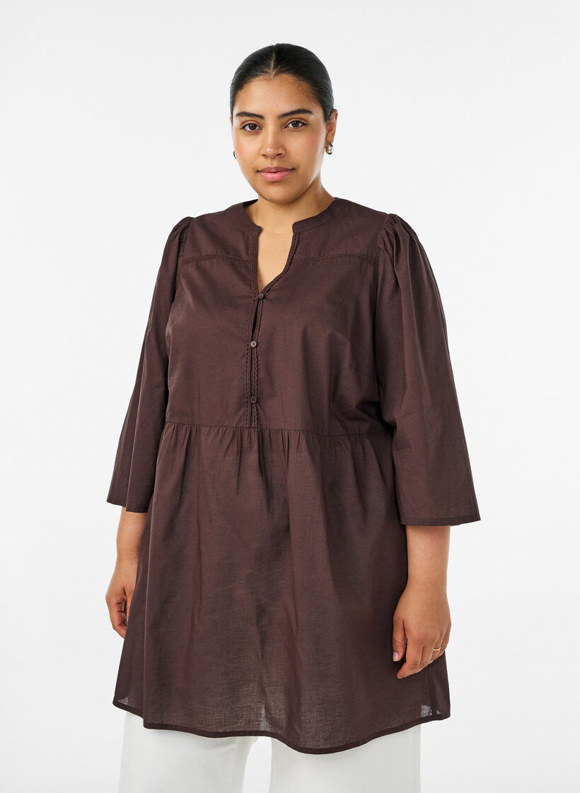 Tunika i bomuld med V-udsk&aelig;ring og crochetb&aring;nd, Brun, Model image number 0