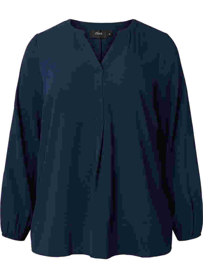 Ensfarvet bluse med v-hals, Navy Blazer, Packshot image number 0