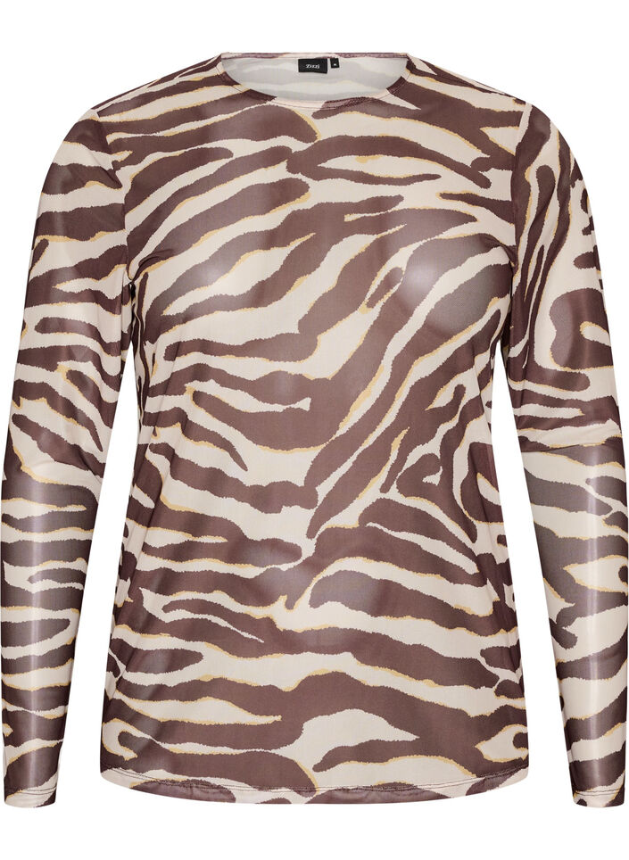 Meshbluse med print, Brun, Packshot image number 0