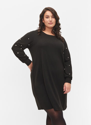 Langærmet kjole med perledetaljer, Black, Model image number 0