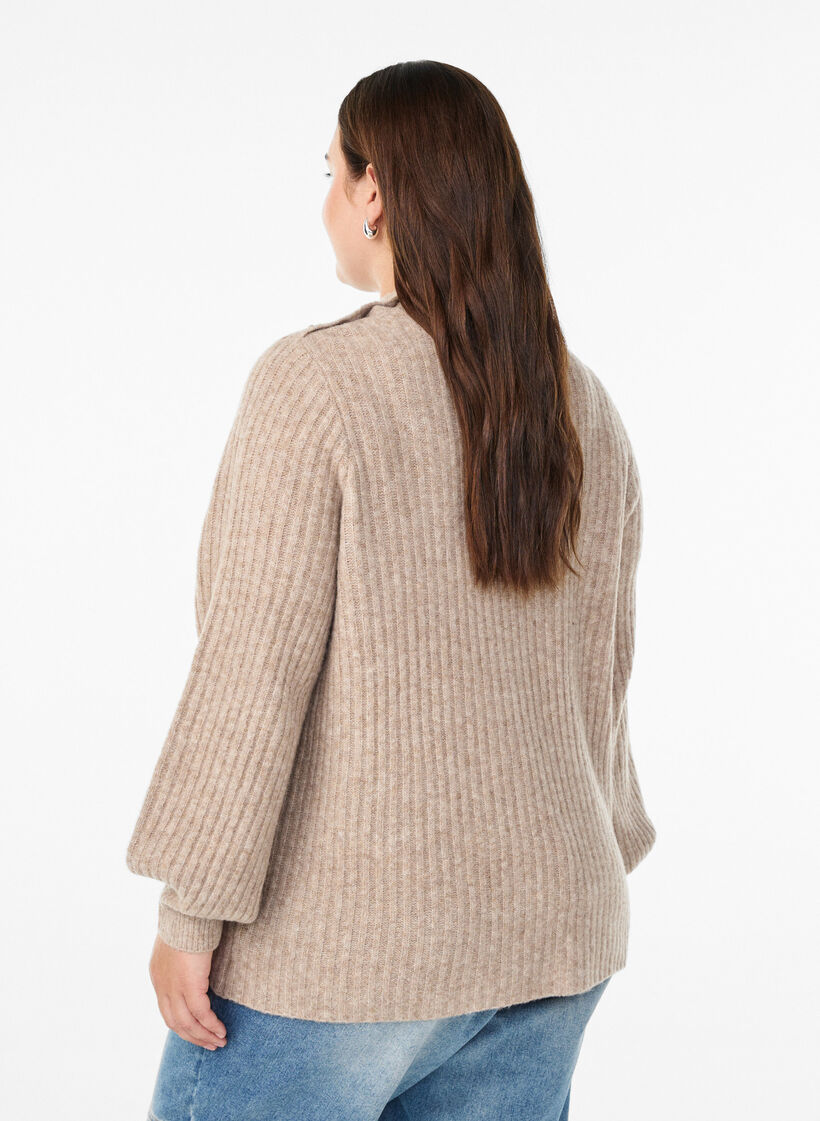 Ribstrikket sweater med ballonærmer og knapper, Beige, Model image number 2