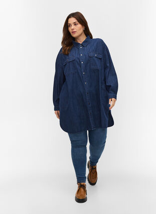 Oversize denimskjorte i bomuld, Dark blue denim, Model image number 2