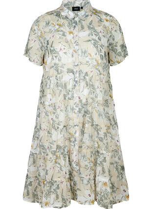 Blomstret kjole med korte ærmer, Beige Flower AOP, Packshot image number 0