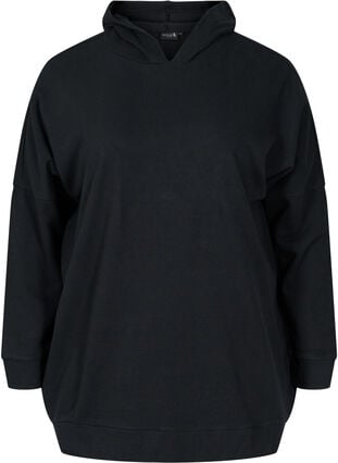 Bomulds sweatshirt med hætte og high-low, Black, Packshot image number 0