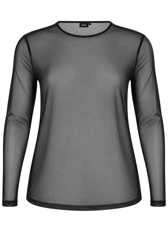 Meshbluse med lange &aelig;rmer, Sort, Packshot image number 0
