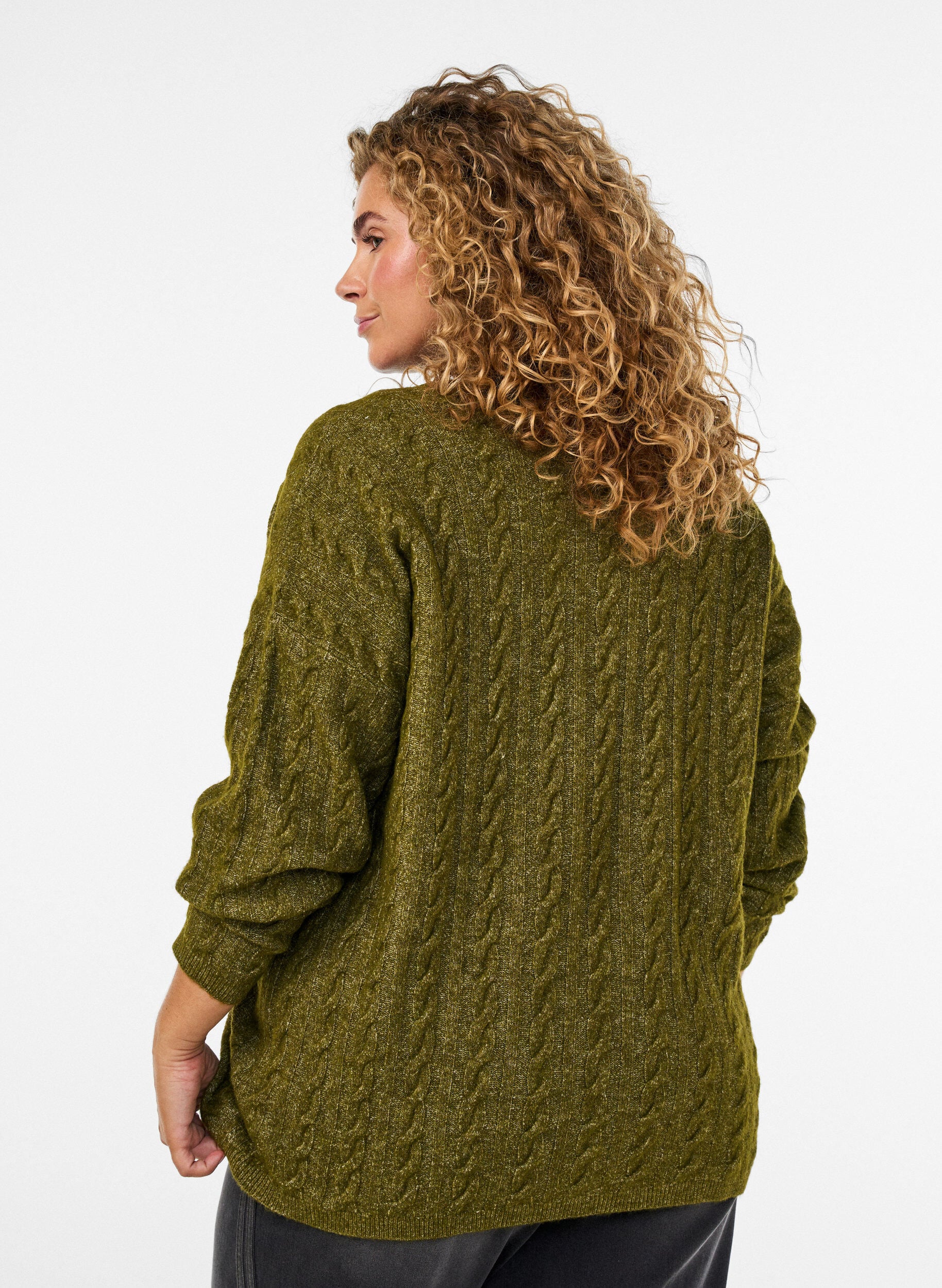 ZizziStrikbluse med kabelstrik og V-udsk&aelig;ring, Gr&oslash;n, Model image number 2
