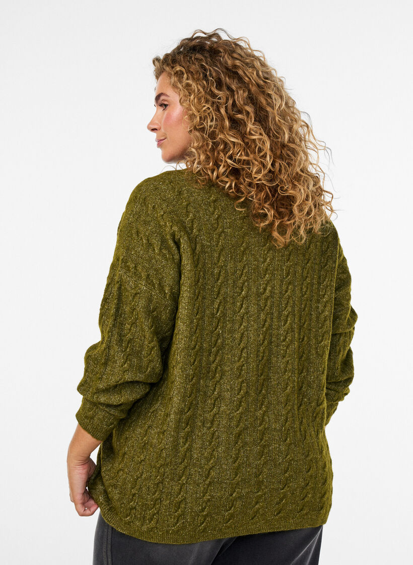 Strikbluse med kabelstrik og V-udsk&aelig;ring, Gr&oslash;n, Model image number 2