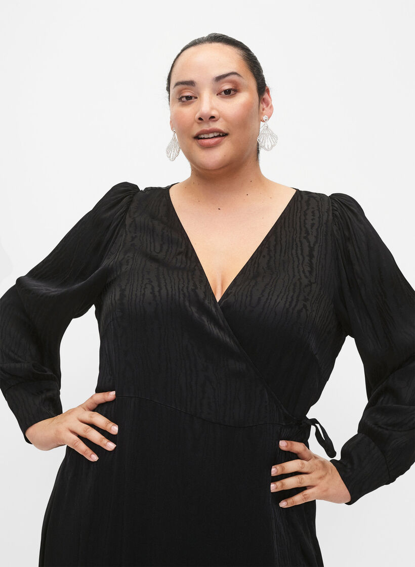 Langærmet viskosekjole med tone-i-tone print, Black, Model image number 2