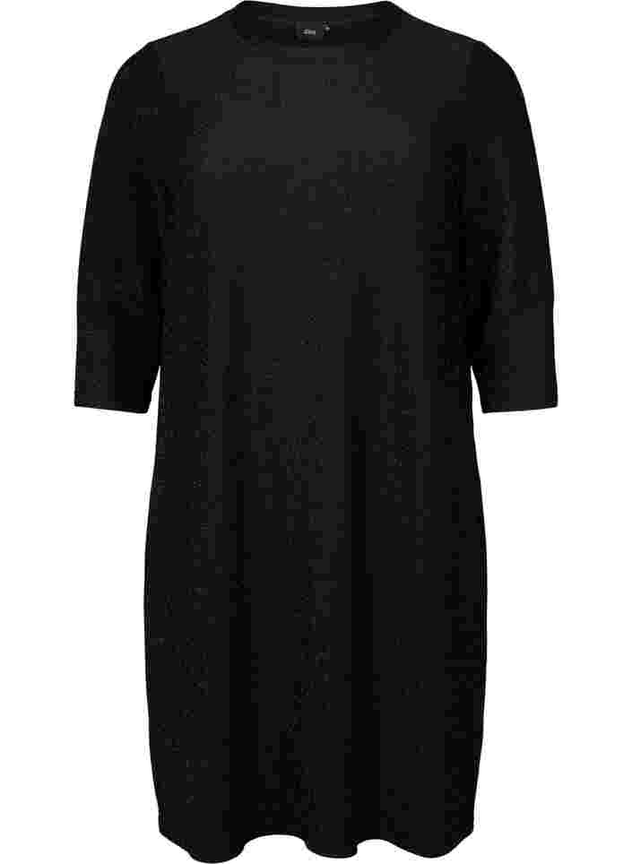 Glimmerkjole med 3/4 ærmer og rund hals, Black Black, Packshot image number 0