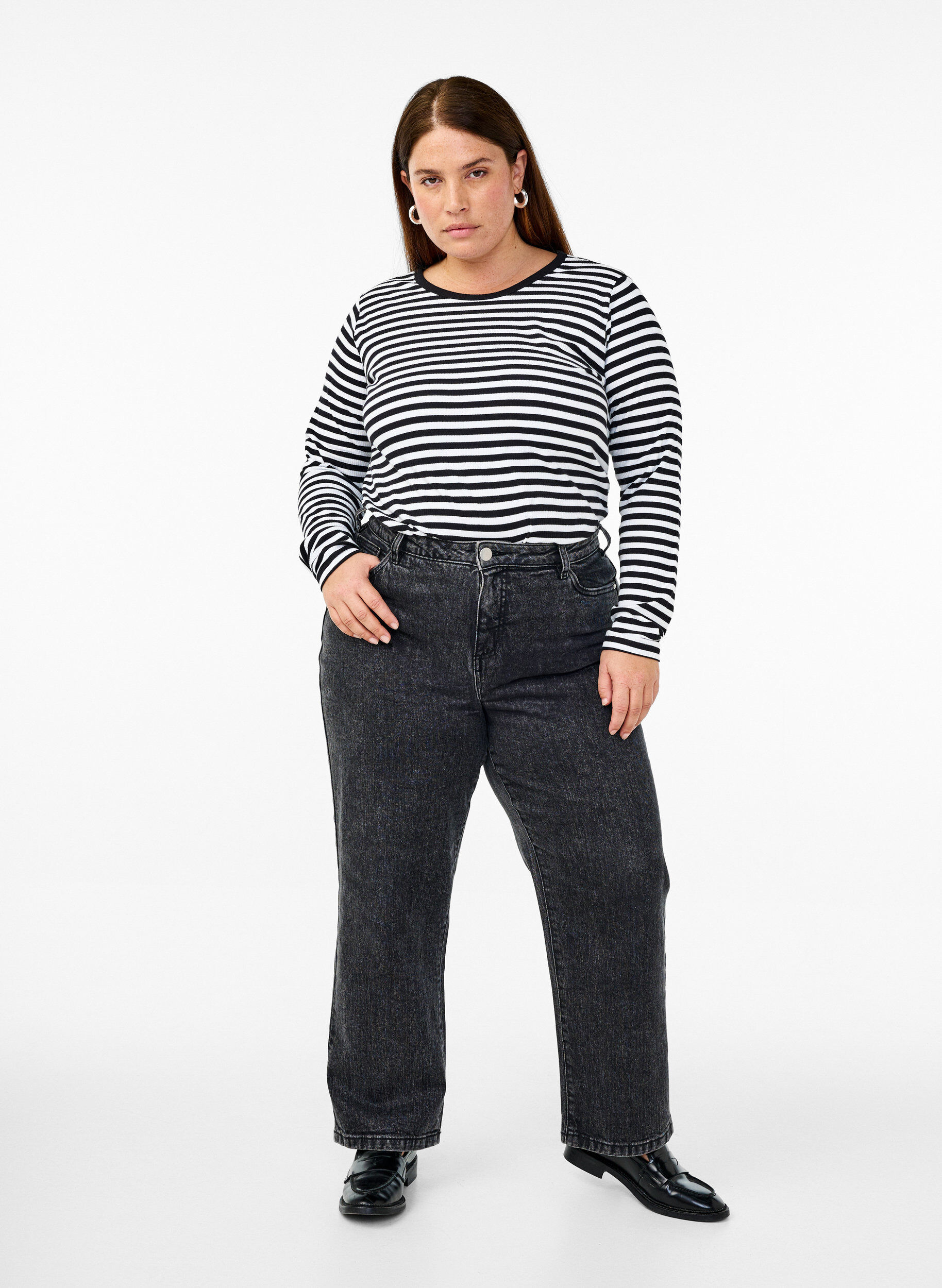 ZizziStribet bluse med lange &aelig;rmer, Sort, Model image number 1