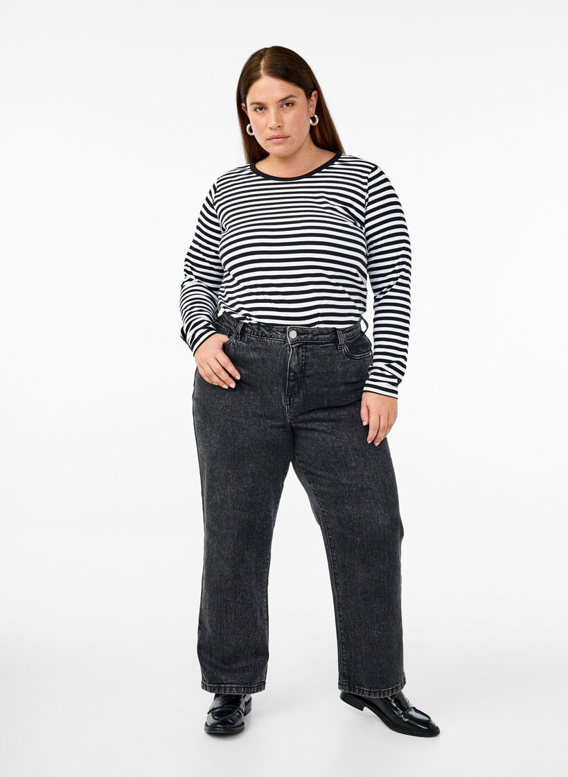 Stribet bluse med lange &aelig;rmer, Sort, Model image number 1