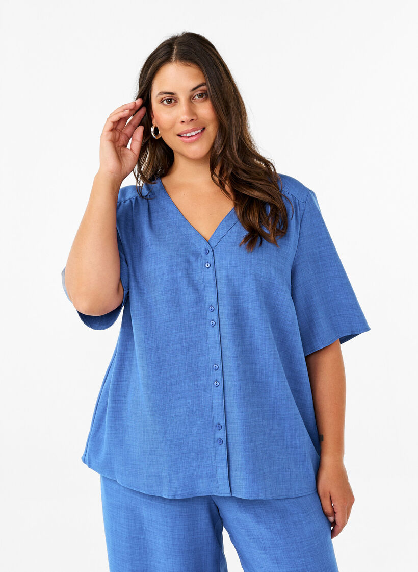 Skjortebluse med v-hals og korte &aelig;rmer, Bl&aring;, Model image number 0