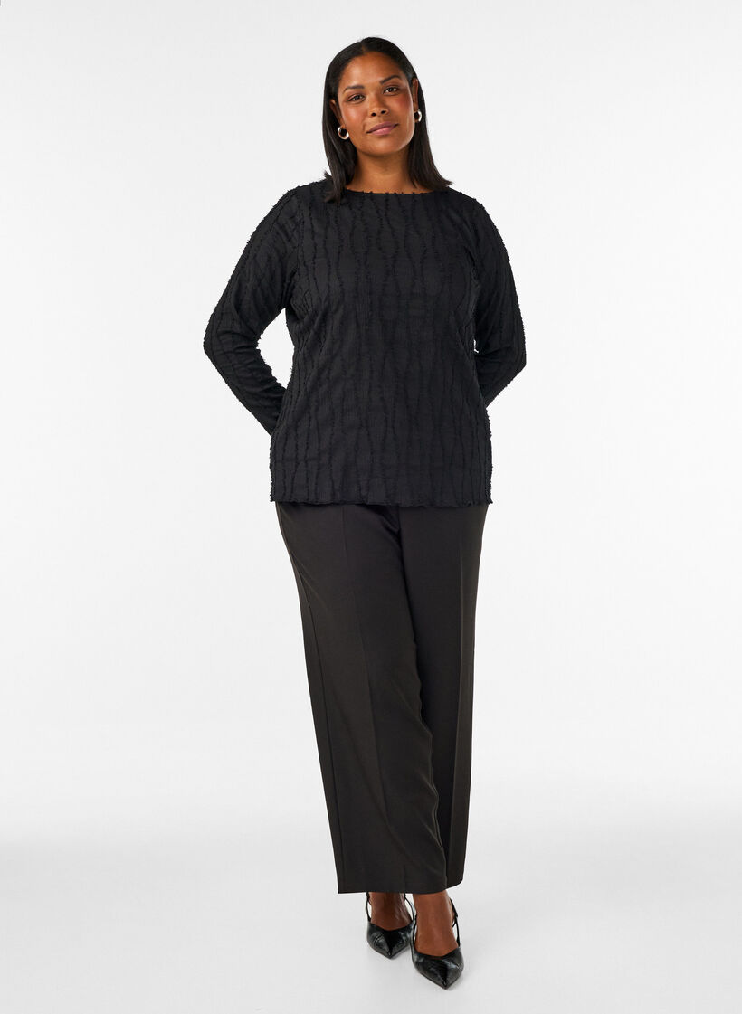 Jerseybluse med b&oslash;lget struktur, Sort, Model image number 1