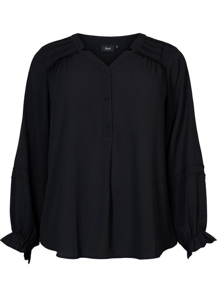 Bluse med lange ærmer og knaplukning, Black, Packshot image number 0