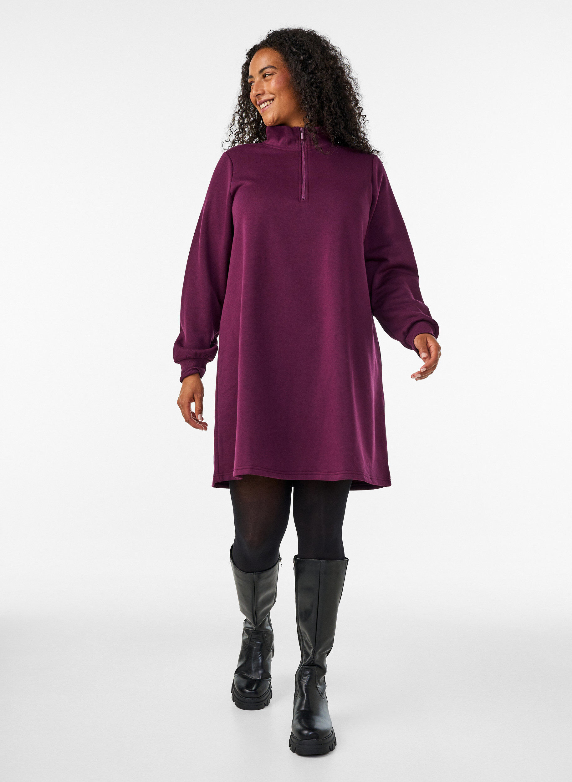 ZizziSweatkjole med h&oslash;j ribkrave og lynl&aring;s, Lilla, Model image number 1