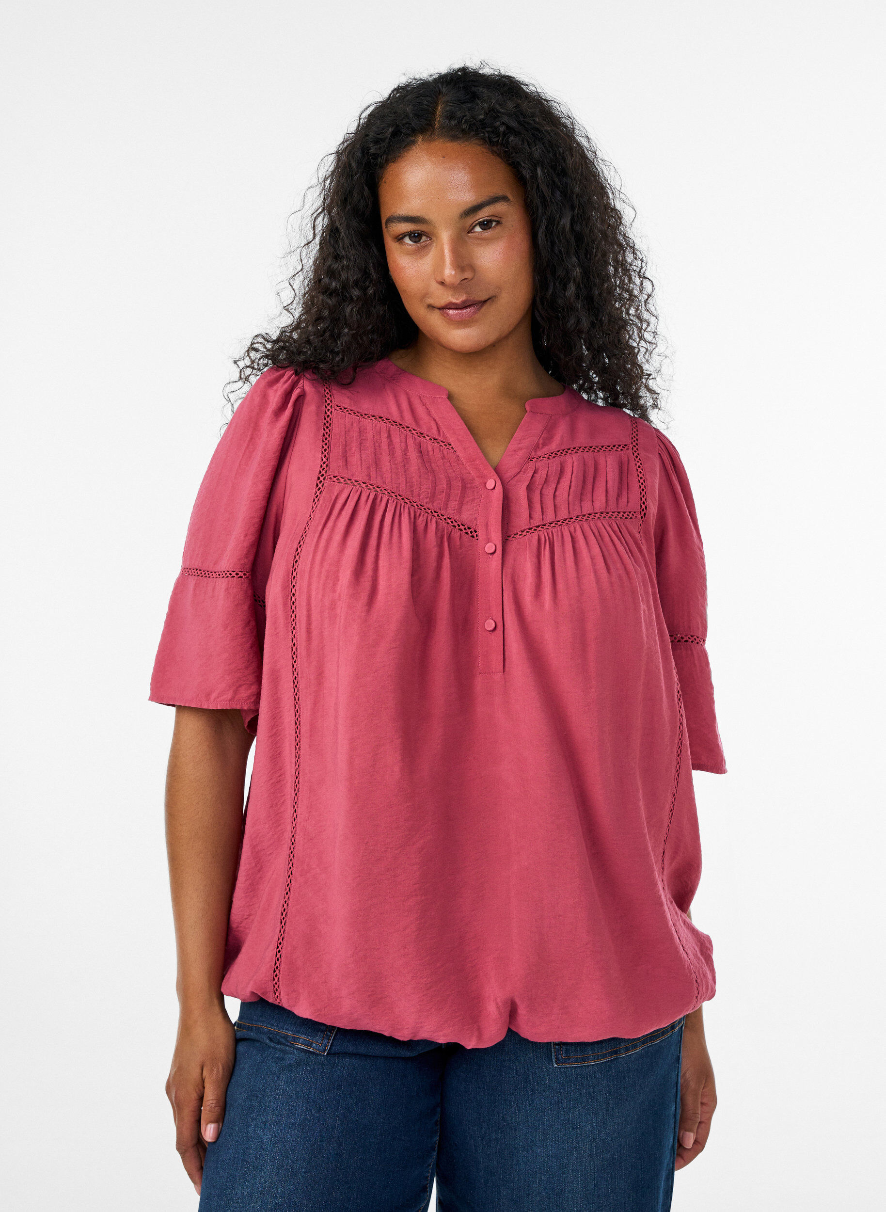 Viskosebluse med pintucks og ballon-effekt, Lyser&oslash;d, Model