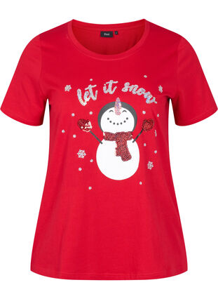 Jule t-shirt i bomuld, Tango Red Snowman, Packshot image number 0
