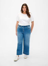 Cropped jeans med vidde, Blue denim, Model