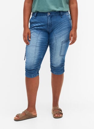 Slim fit capri jeans med lommer, Light blue denim, Model image number 3