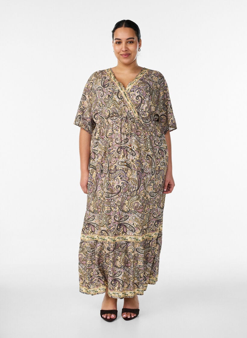 Maxikjole i viskose med paisleyprint, Gul, Model image number 0