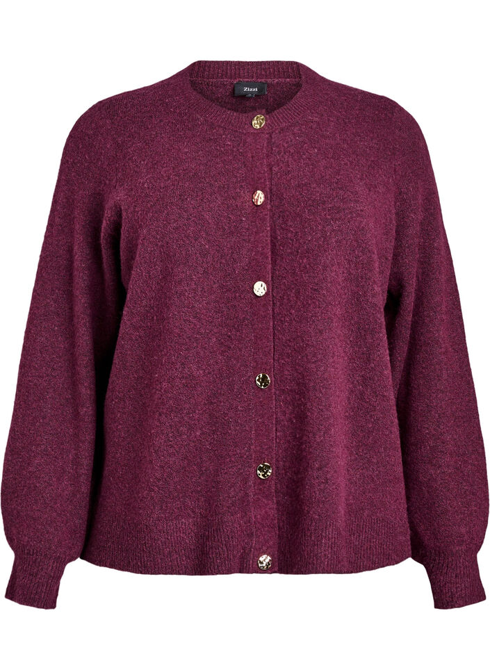 Cardigan i blød strik med guldfarvede knapper, Mørk Bordeaux, Packshot image number 0