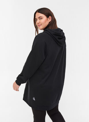 Lang sweatshirt med hætte og printdetaljer, Black, Model image number 1