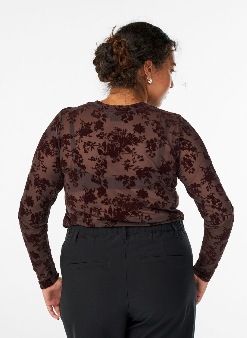 Meshbluse med blomstermønster, Brun, Model image number 2