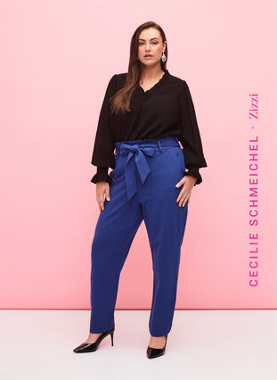Højtaljede bukser med flæser og bindebånd, Blue Quartz, Model image number 0