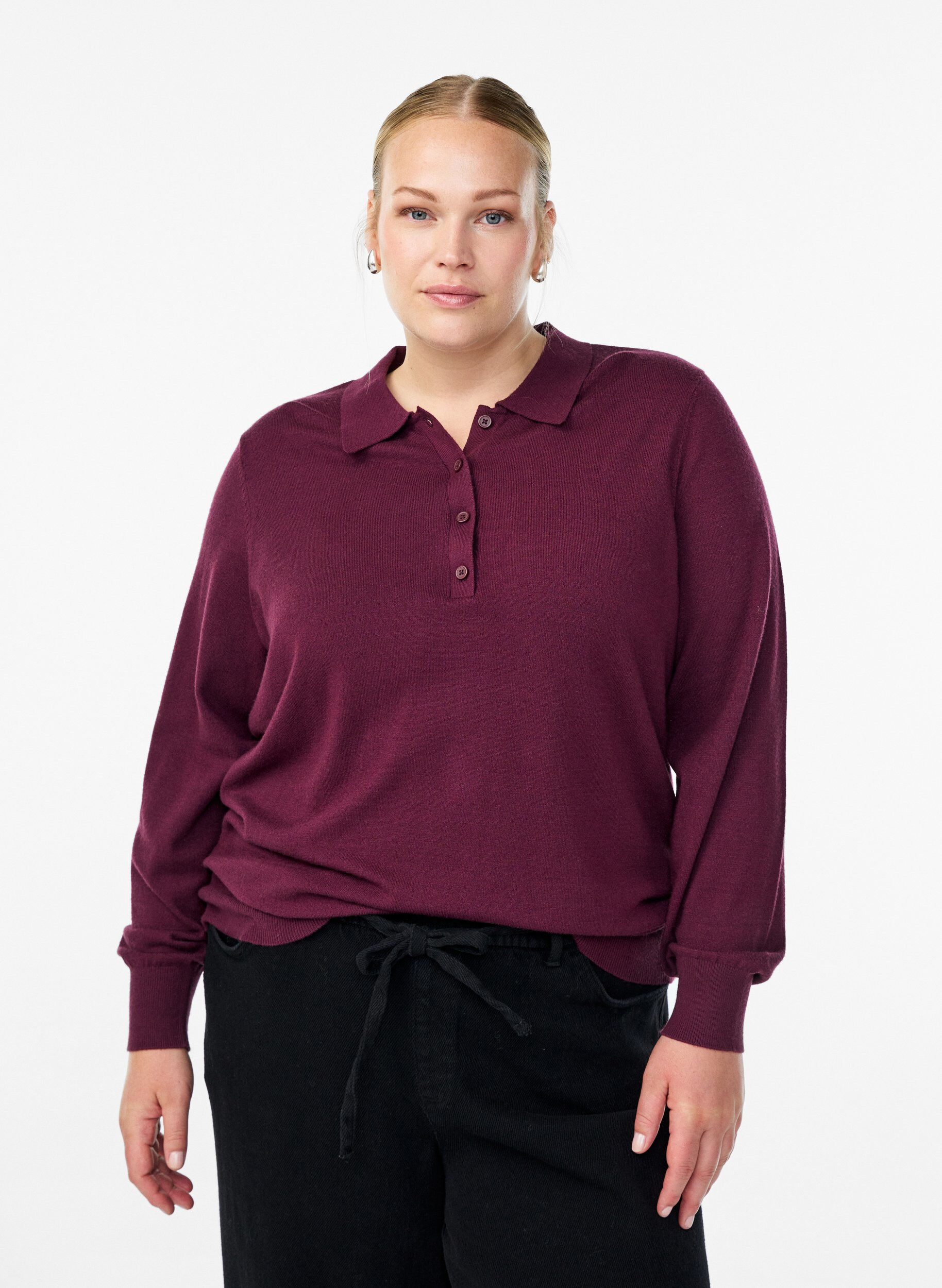 Zizzi Strikbluse med polokrave, M&oslash;rk Bordeaux, Model image number 0
