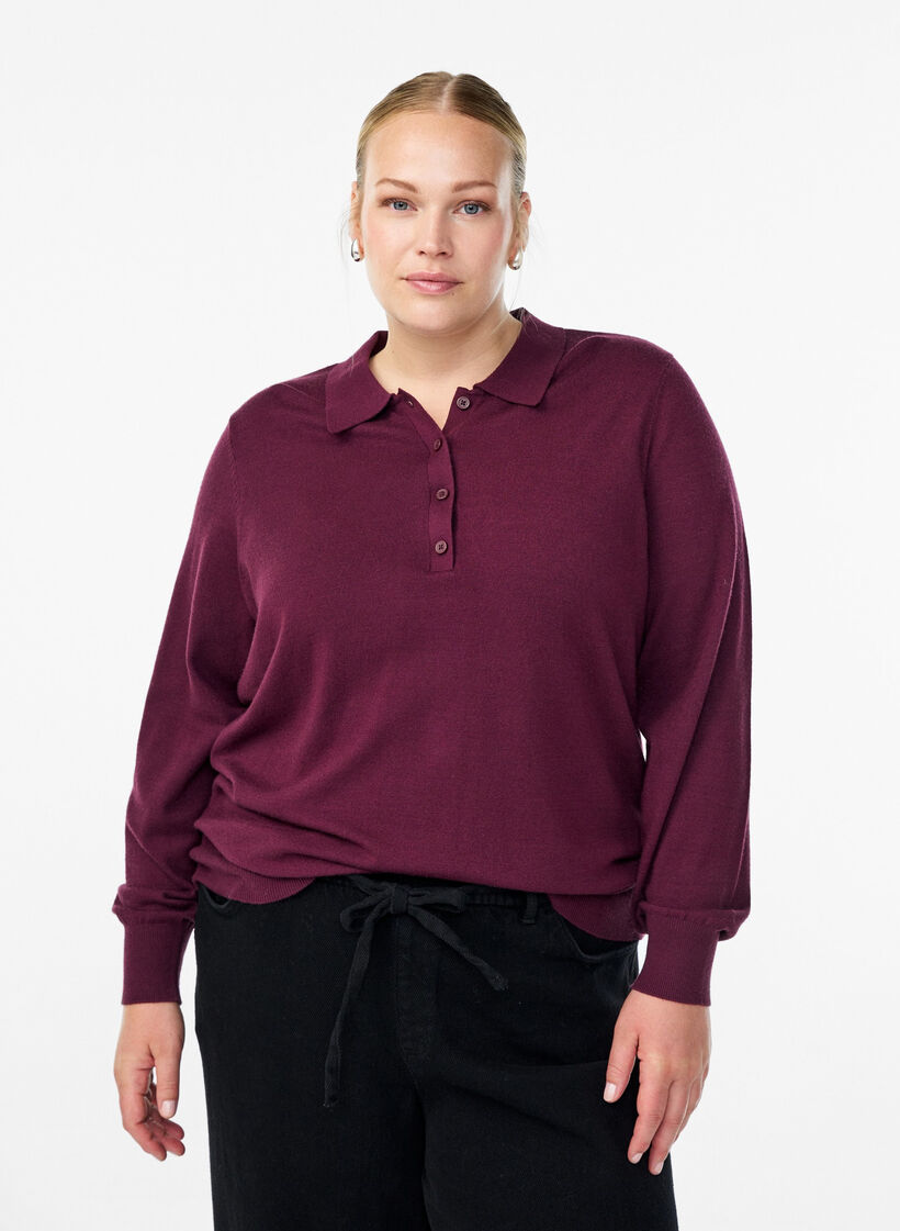 Strikbluse med polokrave, Mørk Bordeaux, Model image number 0