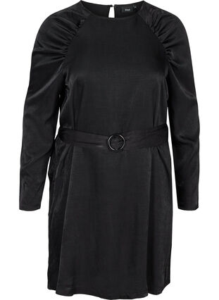 Kjole med pufærmer og taljebælte, Black, Packshot image number 0
