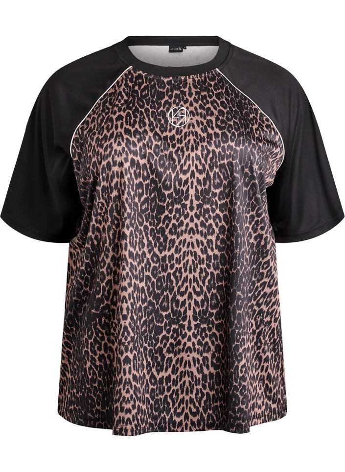 Tr&aelig;ningst-shirt med leopardprint og raglan&aelig;rmer, Brun, Packshot image number 0