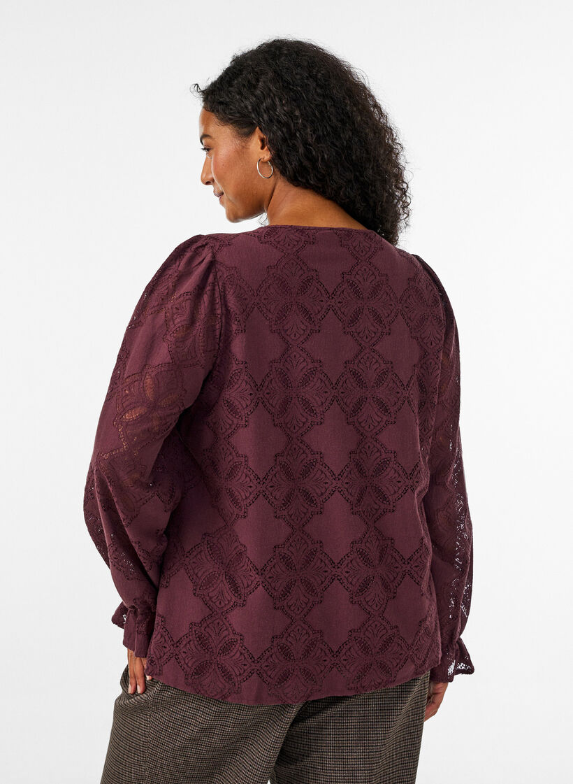 Lang&aelig;rmet bluse med blondem&oslash;nster, M&oslash;rk Bordeaux, Model image number 2
