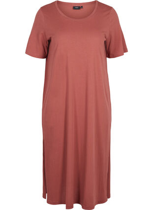 T-shirt kjole i bomuld med slids, Mahogany, Packshot image number 0